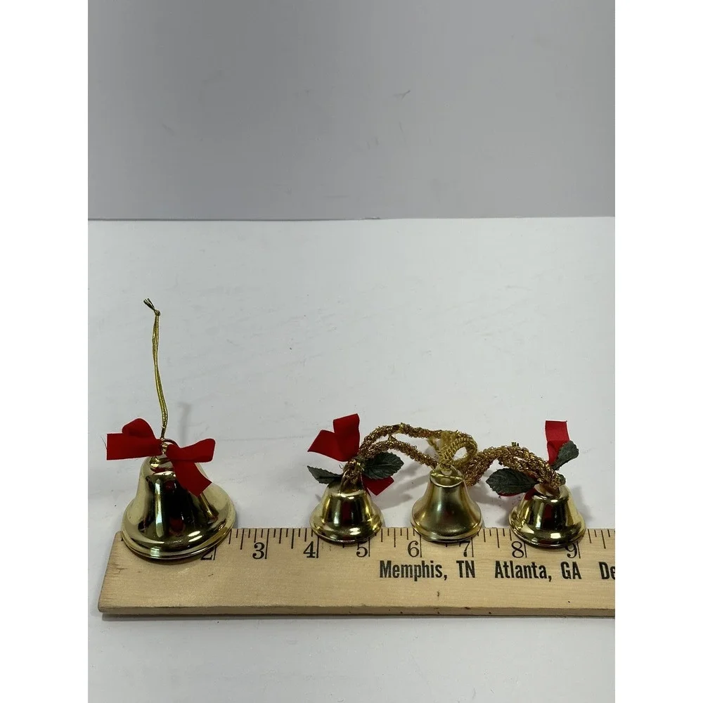 Lot Of 4 Gold Color Rustic Vintage Iron Tin Metal Ornaments Jingle Bells 1980's